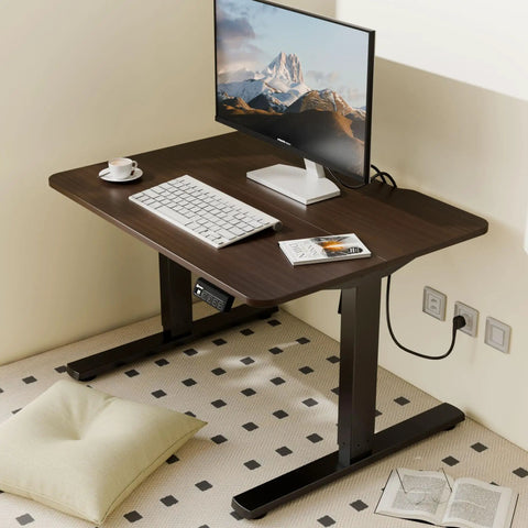 Electric Standing Desk Lifts Adjustable Height From 18.9 To 29.5 Inches With Lockable Wheels And Smooth Motor For Home Office Ergonomic Computer Desk Setup Easy One Touch Control with computer and accessories.