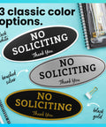 Three color options of No Soliciting Sign For Home Or Business, Durable Indoor Outdoor Front Door Sign With Easy Mount Adhesive