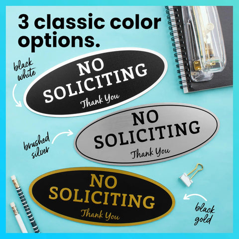 Three color options of No Soliciting Sign For Home Or Business, Durable Indoor Outdoor Front Door Sign With Easy Mount Adhesive