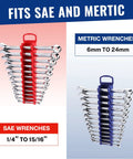 Slick Magnetic Socket And Wrench Organizer Tray Locks Your Gear Down Solid For No Sweat Garage Storage Steel Surface Mount Rack with SAE and Metric wrenches.