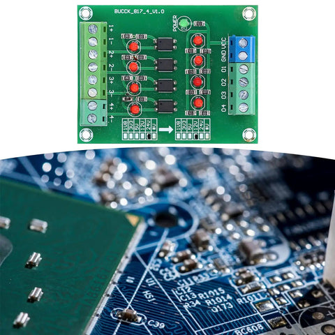 Optocoupler Isolation Board 24V To 5V PLC Level Converter Module 4 Channel with close-up of circuit board connections.