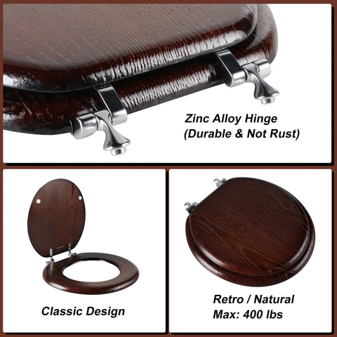 Durable Wood Veneer Toilet Seat with Metal Hinge, Walnut finish, including round size fit, easy clean and anti-scratch design
