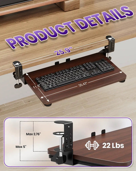 Under Desk Keyboard And Mouse Tray In Walnut Finish A Spacious 20 By 11 Point 8 Inch Board For Space Saving And Ergonomic Comfort For Your All Day Home And Office Setup, walnut tray with keyboard and clamp detail