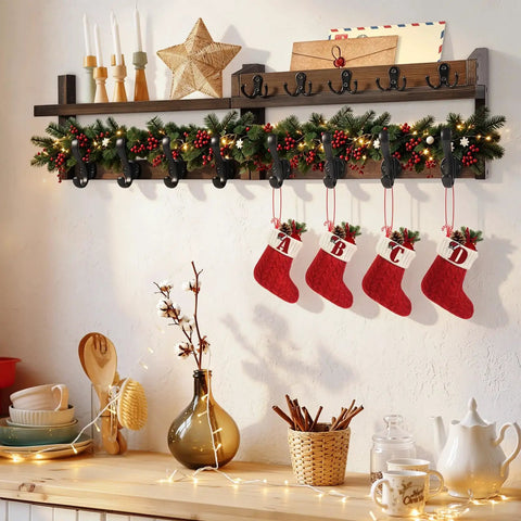 Rock Solid Wall Mounted Coat Rack With Storage Shelf Featuring 13 Heavy Duty Hooks For Seamless Entryway Organization And Quick Home Access With Zero Assembly Hassle with Christmas stockings.