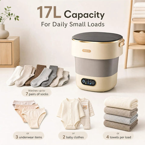 No Headache Foldable Portable Washing Machine With 17L Tub And Fast Spin Cycle beside socks and baby clothes for small washes.