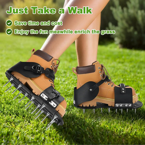 Lawn Aerator Shoes With 26 Nails, Adjustable Loop Straps And Buckle, 5cm Spikes For Lawn Garden And Patio in use on grass