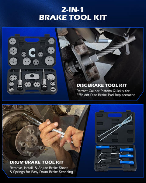 32 Piece Dual Brake Tool Set For Disc And Drum Brakes With Caliper And Drum Tools, Pliers, Remover, Installer, Adjuster