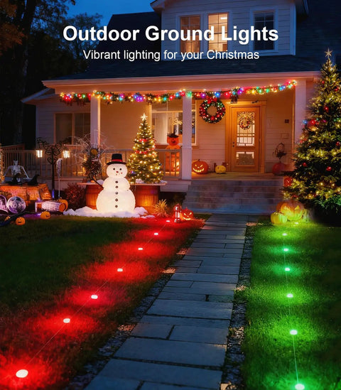 Christmas outdoor decorations with colorful ground LED lights and festive house display