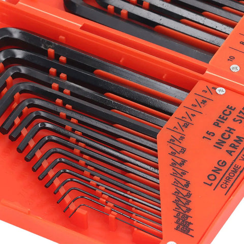 The Ultimate 30 Piece Hex Wrench Set Made From Tough 45 Steel, Featuring Inch And Metric Key Sizes For Any Home Fixer Upper Job Or Furniture Build Without Breaking A Sweat. 30-piece hex key set in orange case, long and short arm sizes visible