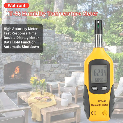 2 In 1 Temperature Humidity Meter Portable Digital Hygrometer Thermometer With Wet Bulb Dew Point Double Display For Indoor Outdoor Use Backlit Lcd High Accuracy 0.01 C And 0.01 Percent Rh Ideal For Industry Agriculture Meteorology showing HT-86 model in garden setting