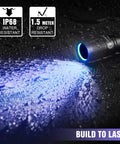 365 Nanometer UV Black Light Flashlight With IP68 Waterproof Build, emitting blue beam on wet surface, symbols of durability.