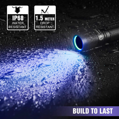 365 Nanometer UV Black Light Flashlight With IP68 Waterproof Build, emitting blue beam on wet surface, symbols of durability.