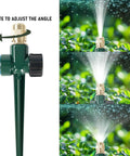 Two Pack Metal Lawn Sprinklers With Brass Heads And Aluminum Spike Base, 360 Degree Adjustable Nozzles spraying water on plants