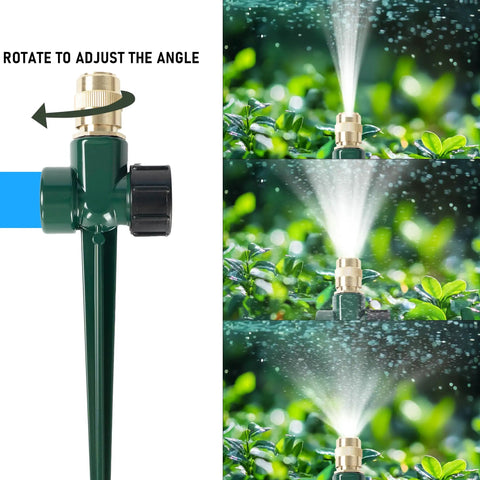 Two Pack Metal Lawn Sprinklers With Brass Heads And Aluminum Spike Base, 360 Degree Adjustable Nozzles spraying water on plants