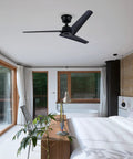 Neojoyoenix 52" 'Flush Mount & Rod ABS 3 Blades Ceiling Fan with Remote Control No Lights, Black in modern bedroom setting.
