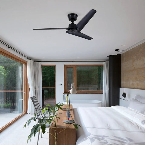 Neojoyoenix 52" 'Flush Mount & Rod ABS 3 Blades Ceiling Fan with Remote Control No Lights, Black in modern bedroom setting.