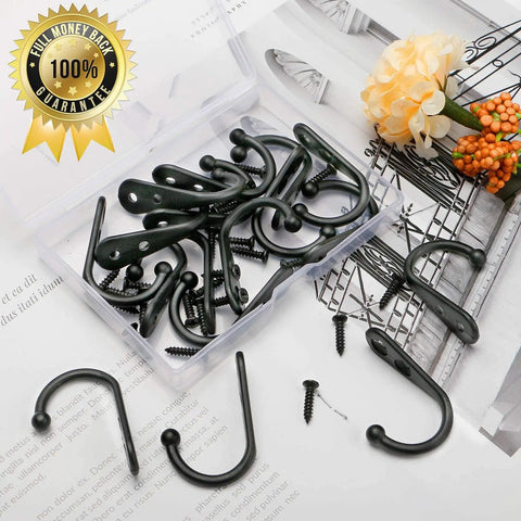 15 Piece Black Wall Mounted Coat Hook Set With 30 Screws for Hanging, displayed with open packaging and screws.