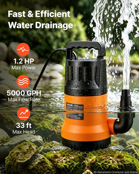 Heavy Duty Submersible Water Pump With 25 Foot Hose Offering One Point Two Horsepower And Five Thousand Gallons Per Hour Output for efficient water drainage.