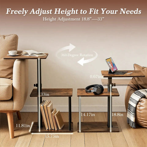 C Shaped End Table With 360 Degree Swivel Height Adjustable Sofa Side Table With Storage Open Shelf 3 Tier Night Stand TV Tray For Small Spaces Rustic Brown Living Room Bedroom showing height adjustment