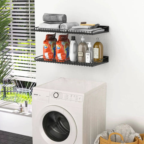 2 Pack Heavy Duty Garage Wall Shelves Built Tough, 23.5 X 12 Inches, Wall Mounted Storage Shelves For Garage, Closet, And Laundry Room, Holds Up To 65 Lbs Each, Durable Black Metal Shelving installed above washing machine with items stored.