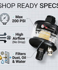 Quarter Inch Inline Air Filter And Water Separator For HVLP Spray Guns And Air Tools Compact 200 PSI Dryer Lightweight Aluminum Moisture Trap AI 304 Slim No Bulk Design shown with max pressure info and features