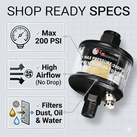 Quarter Inch Inline Air Filter And Water Separator For HVLP Spray Guns And Air Tools Compact 200 PSI Dryer Lightweight Aluminum Moisture Trap AI 304 Slim No Bulk Design shown with max pressure info and features