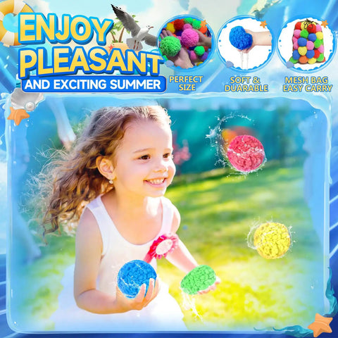 Child playing with 60 pcs reusable water balls for summer splash fun, colorful water balloons for pool and backyard games.