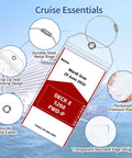 Six Pack Cruise Luggage Tags Waterproof Clear Tags With Heavy Duty Plastic And Stainless Steel Hardware Durable Ship Tag Holders For NCL Princess Carnival Royal Caribbean And Celebrity Cruise Lines shown with cruise ship background.