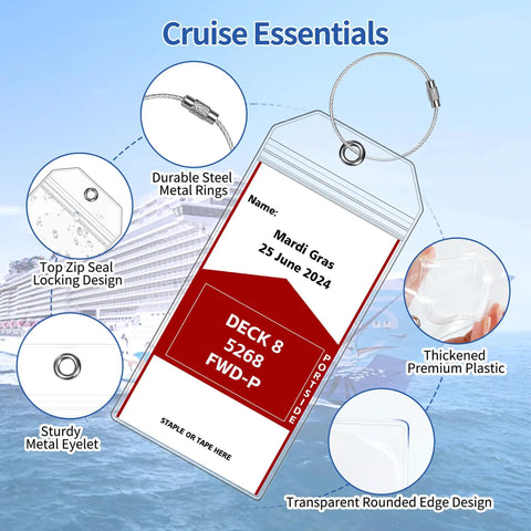 Six Pack Cruise Luggage Tags Waterproof Clear Tags With Heavy Duty Plastic And Stainless Steel Hardware Durable Ship Tag Holders For NCL Princess Carnival Royal Caribbean And Celebrity Cruise Lines shown with cruise ship background.