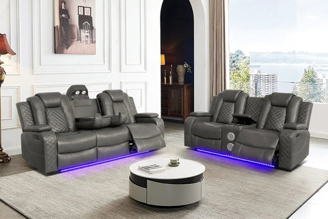 Leather Power Recliner Sofa Set With LED Ambient Lighting Three Piece Home Theater Seating in modern living room setting