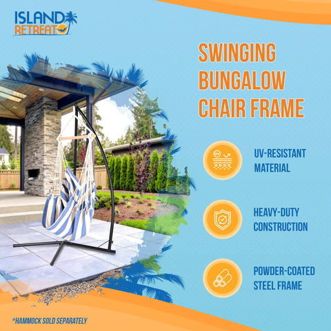 Boho Breeze C Style Hammock Chair Stand for Patio or Porch, Beefy Steel Frame, Powder Coated Black, 450 Lb Capacity shown outdoors