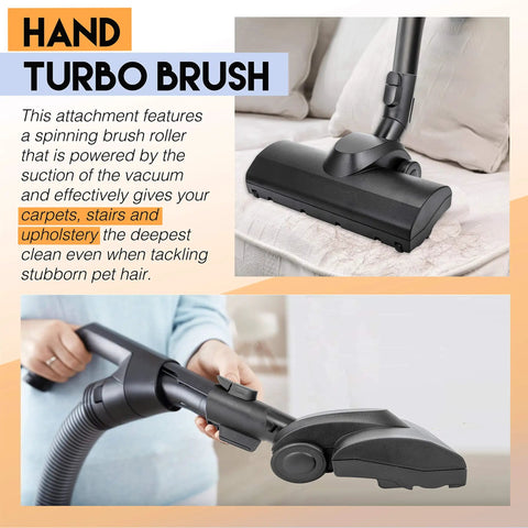Turbo Head Cleaner Replacement Brush for 35mm 1.38in Vacuum Fittings shown on carpet and held with hand attachment.