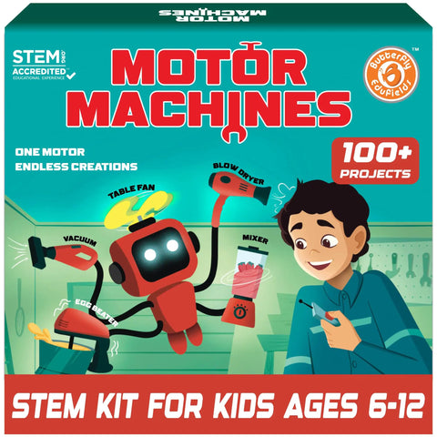 Box of 100 Plus STEM Projects Kit for Kids Ages 8 to 13 Hands On Robotics and Engineering Fun Toys Motor Machines Build 100 Plus Machines Like Vacuum Cleaners Hovercraft Tornado Mixer Gift for Smart Kids.