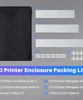 Fireproof And Dustproof 3D Printer Enclosure For Neptune And Ender Models packing list with cover, rods, tubes, and corner pipes.