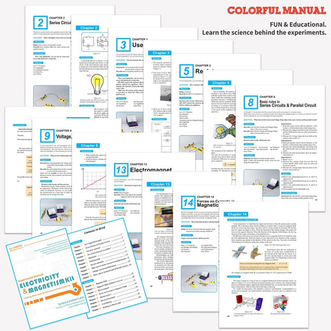 Colorful manual from the Electricity And Magnetism Kit For Kids With 50 Pieces, includes experiments in circuits and electromagnetism.