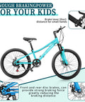 Kid Friendly Mountain Bike 20/24 Inch With 7 Speeds, Suspension Fork, Dual Disc Brakes, Mint Green Multi Color Steel Frame