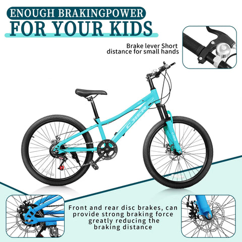 Kid Friendly Mountain Bike 20/24 Inch With 7 Speeds, Suspension Fork, Dual Disc Brakes, Mint Green Multi Color Steel Frame