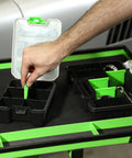 Person using All In One Tool And Parts Organizer Set With An 11 Inch Nine Compartment Tray And Two Five Point Five Inch Six Compartment Trays