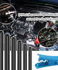 Automotive vacuum hose kit with blue tube cutter; six black hoses up to 4.9 ft with various IDs shown in engine bay
