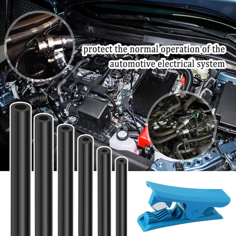 Automotive vacuum hose kit with blue tube cutter; six black hoses up to 4.9 ft with various IDs shown in engine bay