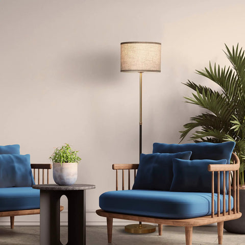 Emery LED Floor Lamp With Drum Shade, Tall Mid Century Standing Light For Bedroom Reading in modern living room with brass finish