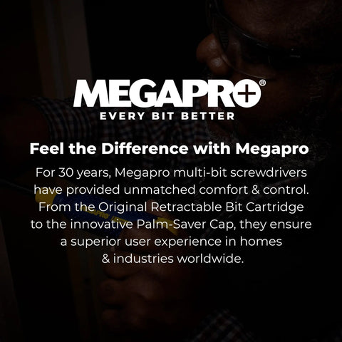 Megapro screwdriver product features text with focus on comfort and control, showing branding and key benefits.