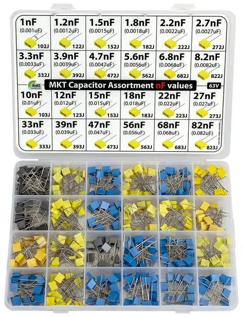 Polyester Box Capacitor Kit 350 Pcs Assorted 24 nF Values 63V Metallized Film Caps For DIYers And Makers labeled box