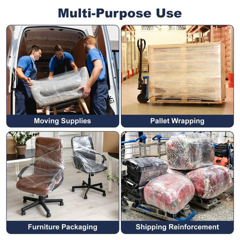 Multi-purpose use of Two-Pack Clear Industrial Stretch Wrap Film 5.1 Inch by 1000 Feet with Handle, for moving and pallet bundling.