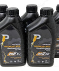 Top Shelf SAE 20W-50 Hydrostatic Transmission Fluid 5 Quart All Season Formula in black bottles for lawnmowers and industrial gearboxes.