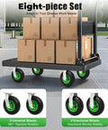 Built Tough 8 Inch Pneumatic Caster Wheels Set Of 8 With Four Swivel And Four Rigid Hubs Air Rubber Tires on cart with boxes.