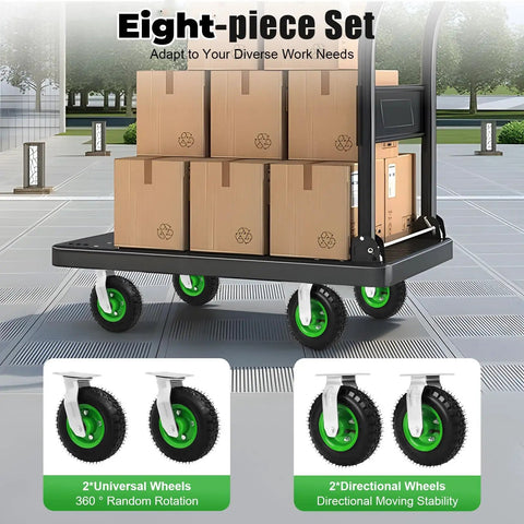 Built Tough 8 Inch Pneumatic Caster Wheels Set Of 8 With Four Swivel And Four Rigid Hubs Air Rubber Tires on cart with boxes.
