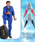 Mechanic holding Three Piece Battery Jumper Cable Clamps Heavy Duty 1100A Insulated Parrot Clips against tire.