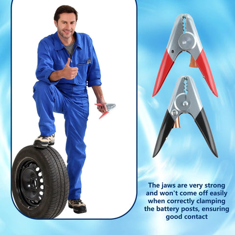 Mechanic holding Three Piece Battery Jumper Cable Clamps Heavy Duty 1100A Insulated Parrot Clips against tire.