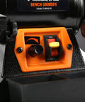 Top Shelf 6 Inch Bench Grinder With 2.5 Amp Variable Speed Motor And Built In Work Light control panel with switch settings.